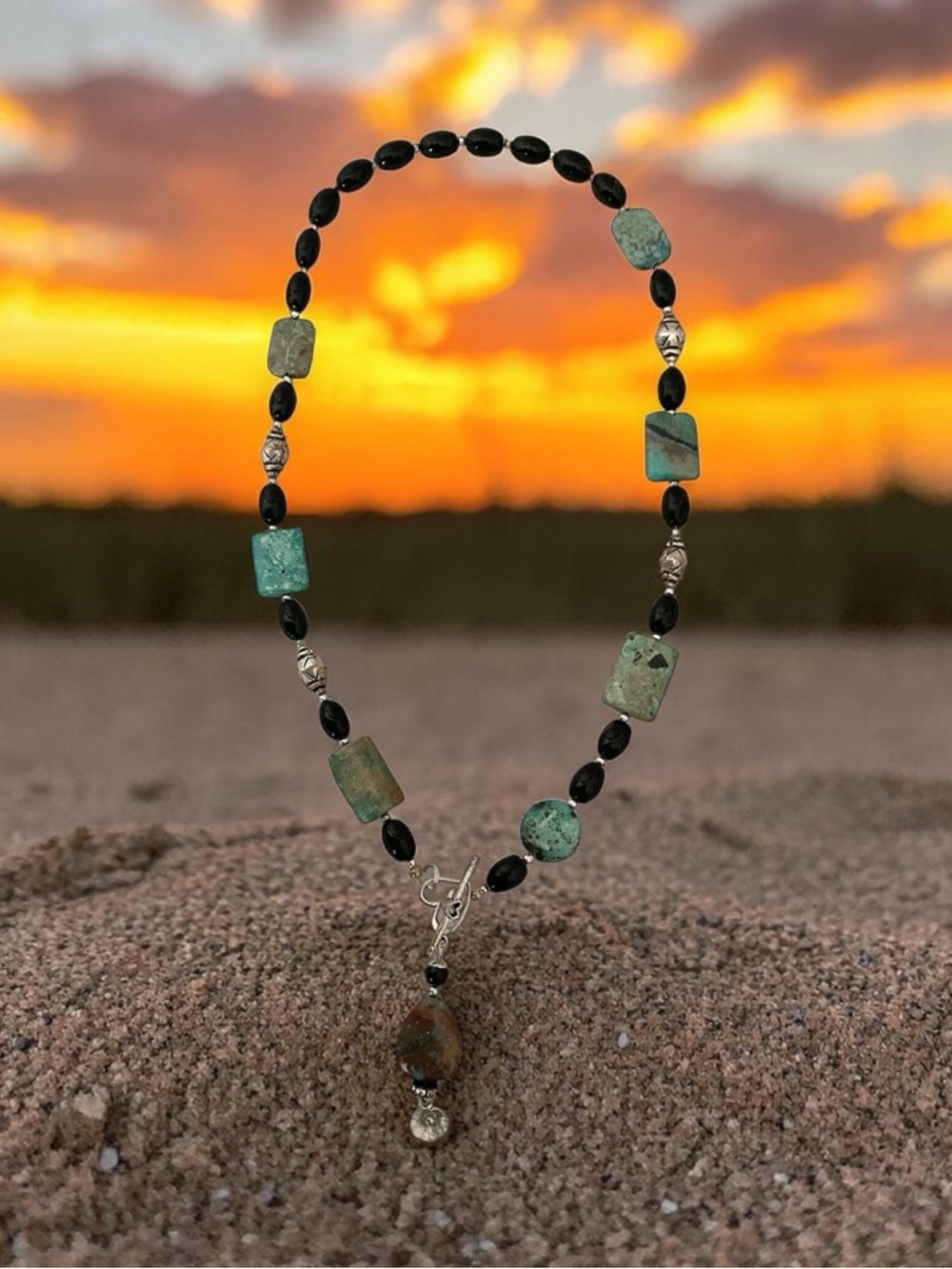 Chic Handcrafted Turquoise , black stone and silver Beaded Necklace